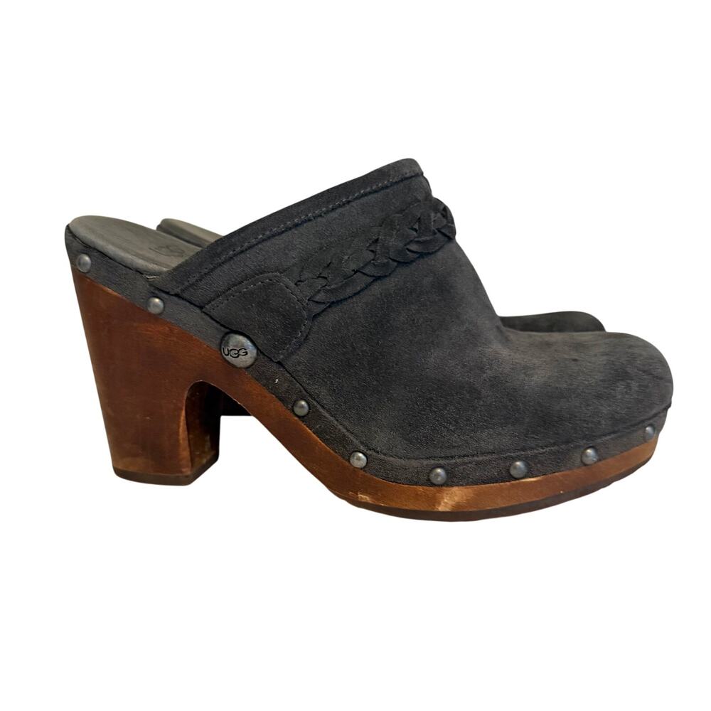 UGG Abbie Wood Heeled Clog Mules 8 Gray Braided Boho Chic Studded Western 3210